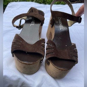 CHANEL Clogs Sandals Brown Suede Sandals Size 36